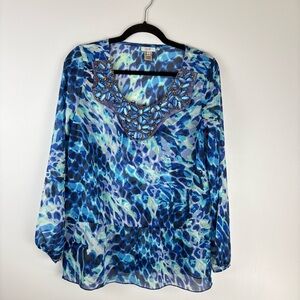 Cache Blouse Small Blouse Top Sheer Beaded V Neck Long Sleeve Watercolor Blue